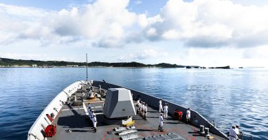 HMAS Hobart enters the port of Okinawa, Japan, during a regional presence deployment. Story by Lieutenant Brendan Trembath. Photo by Leading Seaman Daniel Goodman.