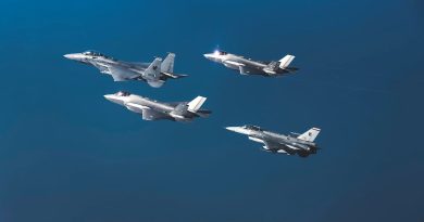 RAAF F-35A Lightning II and RSAF, F-16 Fighting Falcon and F-15SG Strike Eagle aircraft above Singapore. Story by Flight Lieutenant Bronwyn Marchant.