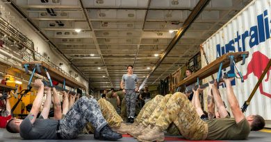 Physical training instructor Petty Officer Jacob Machen conducts the first ADF Fitness Leaders course at sea on board HMAS Adelaide. Story by Flight Lieutenant Brent Moloney. Photo by Leading Seaman Sittichai Sakonpoonpol.
