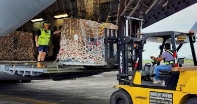 A RAAF C-17A Globemaster III offloads its special cargo of 100 yet to be assembled wheelchairs at Manila’s Clark Air Force Base bound for severely disabled children in Angeles City. Story by John Noble. Photo by Flight Lieutenant Kevin Cameron.