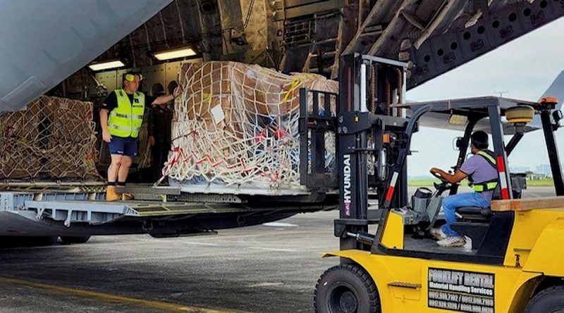 A RAAF C-17A Globemaster III offloads its special cargo of 100 yet to be assembled wheelchairs at Manila’s Clark Air Force Base bound for severely disabled children in Angeles City. Story by John Noble. Photo by Flight Lieutenant Kevin Cameron.