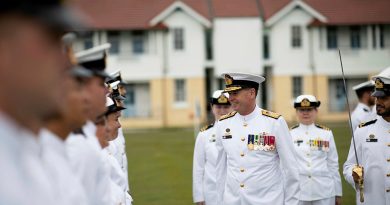 Chief of Navy Vice Admiral Mark Hammond inspects members of New Entry Officers Course 67 during their graduation ceremony at HMAS Creswell. Story by Lieutenant Carolyn Martin. Photo by Leading Seaman Ryan Tascas.