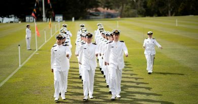 Members of New Entry Officers Course 67 conduct a march past during their graduation ceremony at HMAS Creswell. Story by Lieutenant Carolyn Martin. Photo by Leading Seaman Ryan Tascas.