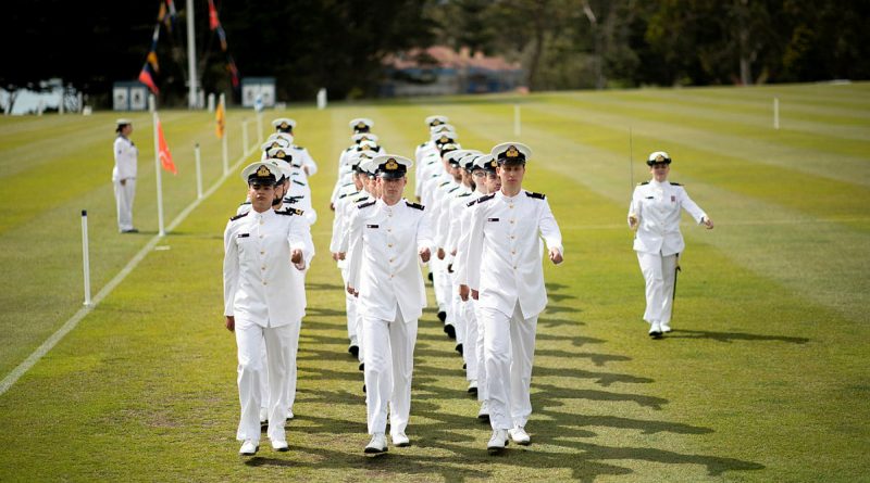 Members of New Entry Officers Course 67 conduct a march past during their graduation ceremony at HMAS Creswell. Story by Lieutenant Carolyn Martin. Photo by Leading Seaman Ryan Tascas.