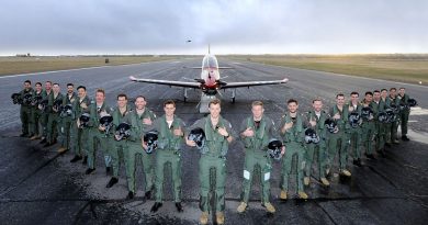 The 268 ADF Pilots Course members assemble at dawn on the flight line with a Pilatus PC-21 aircraft at RAAF Base Pearce in Western Australia. Story by Peta Magorian. Photo by Chris Kershaw.