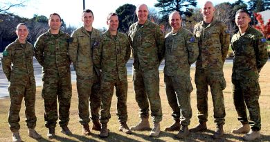 Linguists deployed to Exercise Yama Sakura. From left, Corporal Stephanie Schuurmans, Major Peter Gojkovic, Major Chris Dent, Lieutenant Colonel Morgan McCarthy, Lieutenant Colonel Rob Tierney, Major John Howlett, Captain Steve Clements and Corporal Yuki Masaoka. Story and photo by Captain Jess O’Reilly.