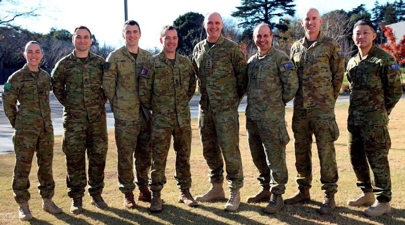Linguists deployed to Exercise Yama Sakura. From left, Corporal Stephanie Schuurmans, Major Peter Gojkovic, Major Chris Dent, Lieutenant Colonel Morgan McCarthy, Lieutenant Colonel Rob Tierney, Major John Howlett, Captain Steve Clements and Corporal Yuki Masaoka. Story and photo by Captain Jess O’Reilly.
