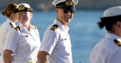 Sub Lieutenant Paige Vernon-Smith and Lieutenant Nicholas Coxsedge stand at ease on board HMAS Arunta as the ship returns home to Fleet Base East in Sydney after a regional presence deployment. Story by Lieutenant Commander Victor Yee. Photos by Leading Seaman Susan Mossop.