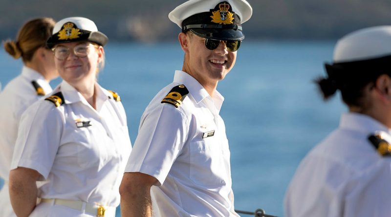 Sub Lieutenant Paige Vernon-Smith and Lieutenant Nicholas Coxsedge stand at ease on board HMAS Arunta as the ship returns home to Fleet Base East in Sydney after a regional presence deployment. Story by Lieutenant Commander Victor Yee. Photos by Leading Seaman Susan Mossop.