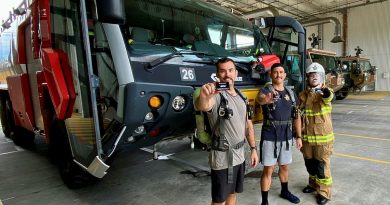 From left, Leading Aircraftman Luke Seaton, Corporal Kerry Cane and Leading Aircraftwoman Amber Herz, of 23 Squadron Firefighters, before the 60-kilometre breathing apparatus walk. Story by Flight Lieutenant Suellen Heath. Photo by Leading Aircraftman Timothy Shorter.