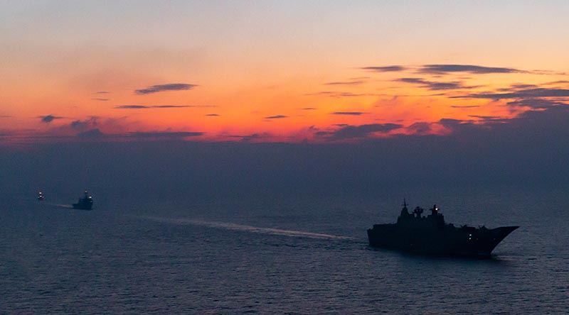 HMAS Adelaide sails in company with Indian Navy Ships Jalashwa and Kavaratti, during Indo-Pacific Endeavour 2022. Photo by Leading Seaman Jarryd Capper.