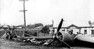 The wreckage of Lockheed Hudson A16-68 near Dight Street, Richmond. National Archives of Australia, via Australia @ War