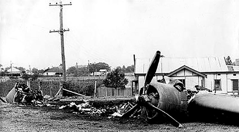 The wreckage of Lockheed Hudson A16-68 near Dight Street, Richmond. National Archives of Australia, via Australia @ War