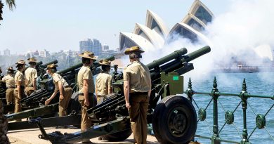 Gunners from the 9th Regiment, Royal Australian Artillery in action during the 21-gun salute as part of the Australia Day celebrations at Bradfield Park, Sydney. Photo by Sergeant Tristan Kennedy.