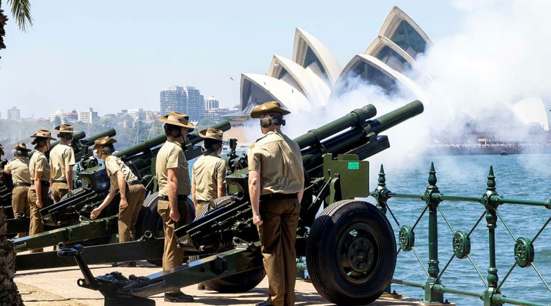 Gunners from the 9th Regiment, Royal Australian Artillery in action during the 21-gun salute as part of the Australia Day celebrations at Bradfield Park, Sydney. Photo by Sergeant Tristan Kennedy.