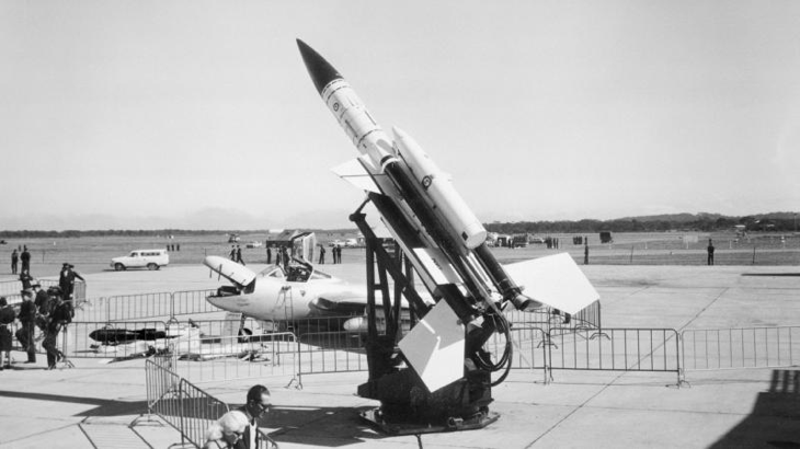 A Bristol Bloodhound surface-to-air missile on display in Williamtown, NSW, during Air Force week in 1966. Story by Bill Condie. Photo Courtesy AWM P00448.034.