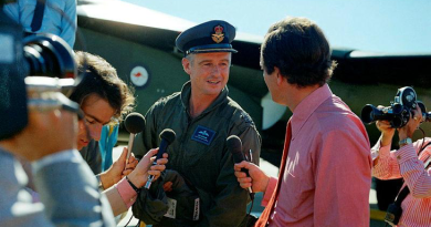 Then Group Captain Jake Newham in 1973 talks to the waiting media after leading the ferry flight of six A8 F111s from Fort Worth, Texas, to Amberley, Australia. Story by RAAF Historian Martin James.