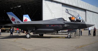 A wooden mock-up of the Lockheed Martin F-35 Lightning II in Canadian markings at the Classic Air Rallye, Canada Aviation and Space Museum, Rockcliffe Airport, Ottawa. Photo by Ahunt, via Wikimedia.