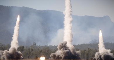 High Mobility Artillery Rocket Systems of the United States Army and United States Marine Corps launch rockets during a firepower demonstration at Shoalwater Bay Training Area in Queensland, during Talisman Sabre 2021. Photo by Corporal Madhur Chitnis.