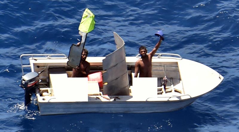 Two Kiribati fishermen found after a search by crew on aRoyal New Zealand Air Force Orion (photo digitally altered by NZDF). Supplied.