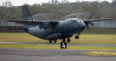 A Royal Australian Air Force C-27J Spartan aircraft takes off from RAAF Base Amberley in Queensland, bound for Western Australia and Operation Flood Assist 23-1. Photo by Corporal Brett Sherriff.