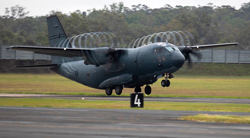 A Royal Australian Air Force C-27J Spartan aircraft takes off from RAAF Base Amberley in Queensland, bound for Western Australia and Operation Flood Assist 23-1. Photo by Corporal Brett Sherriff.