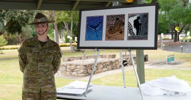 rivate Kate Webster with her artwork “Nginhala Ngurambang” (Near Home), which now hangs in the Army Logistics Training Centre, Bandiana. Story by Captain Krysten Clifton. Photo by Corporal Juliet Manalo.