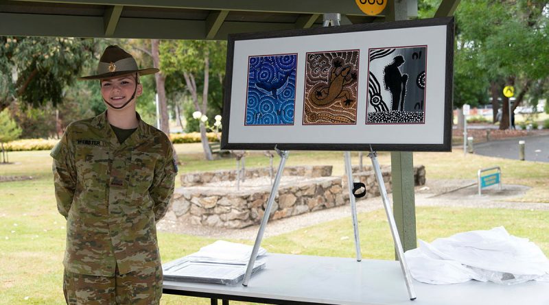 rivate Kate Webster with her artwork “Nginhala Ngurambang” (Near Home), which now hangs in the Army Logistics Training Centre, Bandiana. Story by Captain Krysten Clifton. Photo by Corporal Juliet Manalo.