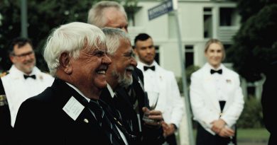 Allan 'Shorty' Moffatt, from the Voyager Survivors Association, stands with other survivors during a ceremony to name the Voyager Mess at Creswell in Jervis Bay, NSW. Story by Corporal Michael Rogers. Photo by Petty Officer Renee Mackenzie.