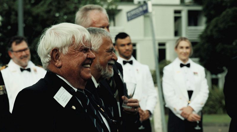 Allan 'Shorty' Moffatt, from the Voyager Survivors Association, stands with other survivors during a ceremony to name the Voyager Mess at Creswell in Jervis Bay, NSW. Story by Corporal Michael Rogers. Photo by Petty Officer Renee Mackenzie.