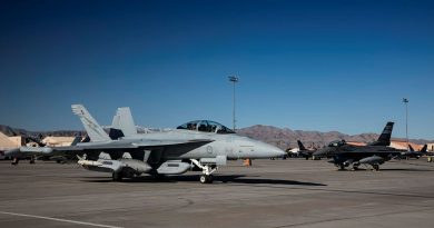 A Royal Australian Air Force EA-18G Growler taxis past a United States Air Force F-16 Falcon at Nellis Air Force Base, Nevada, during Exercise Red Flag 23-1. Story by Flying Officer Connor Bellhouse. Photo by Air Specialist (Class 1) Samantha Holden, Royal Air Force.