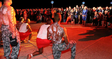 The Navy Indigenous Performance Group performs at the Chief of Navy reception for the 2013 International Fleet Review held at Sydney Opera House. Story by Lieutenant Commander Michael Henry. Photo by Able Seaman Dove Smithett.