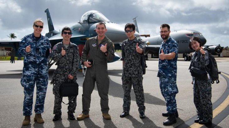 Aviators from the Royal Australian Air Force, US Air Force and Japan Air Self-Defense Force at Andersen Air Force Base, Guam, during Exercise Cope North. Photo by Staff Sergeant Pedro Tenorio (US).