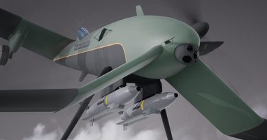 Two RAZER guided munitions under a STRIX drone – both new designs developed in Australia by BAE Systems Australia. Image supplied.