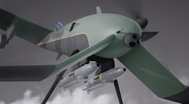 Two RAZER guided munitions under a STRIX drone – both new designs developed in Australia by BAE Systems Australia. Image supplied.