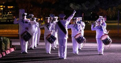 Members of the Royal Australian Navy Band - WA prepare to retire from the ceremonial sunset in celebration of Navy Week at Leeuwin Barracks, WA. Story by By Sub-Lieutenant Connor Cusack. Photo by Leading Seaman Julia Rickards.