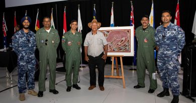 Then Flight Lieutenant Darpan Dhawan, far right, with personnel from the Indian Air Force during the Exercise Pitch Black 2022 opening ceremony in Darwin. Story by Squadron Leader Jessica Aldred. Photo by Leading Aircraftwoman Emma Schwenke.
