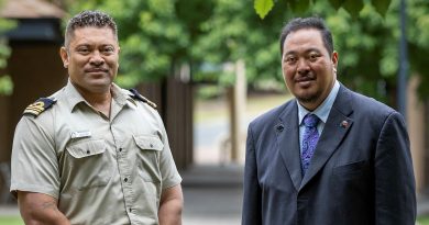 His Royal Highness Crown Prince Tupouto'a ‘Ulukalala, of Tonga, right, with current student Lieutenant Commander Ametisi Fonokolafi at the Australian Defence College, Canberra. Story and photo by Corporal Jacob Joseph.