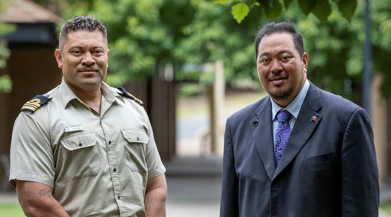 His Royal Highness Crown Prince Tupouto'a ‘Ulukalala, of Tonga, right, with current student Lieutenant Commander Ametisi Fonokolafi at the Australian Defence College, Canberra. Story and photo by Corporal Jacob Joseph.
