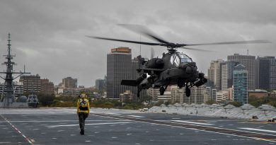 Leading Seaman Avation Support Alyssa Clark marshalls a US Army AH-64E Apache on the deck of HMAS Canberra while the ship is alongside at Fleet Base East in Sydney. Story and photos by Petty Officer Helen Frank.