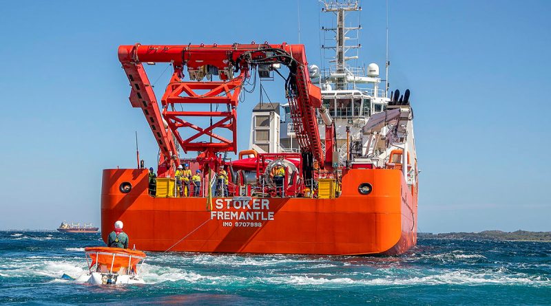 Defence industry partner JFD's LR5 rescue vessel is retrieved by rescue gear ship Stoker during Exercise Black Carillon off the coast of Western Australia. Story by Lieutenant Mick Wheeler. All photos by Leading Seaman Ernesto Sanchez.