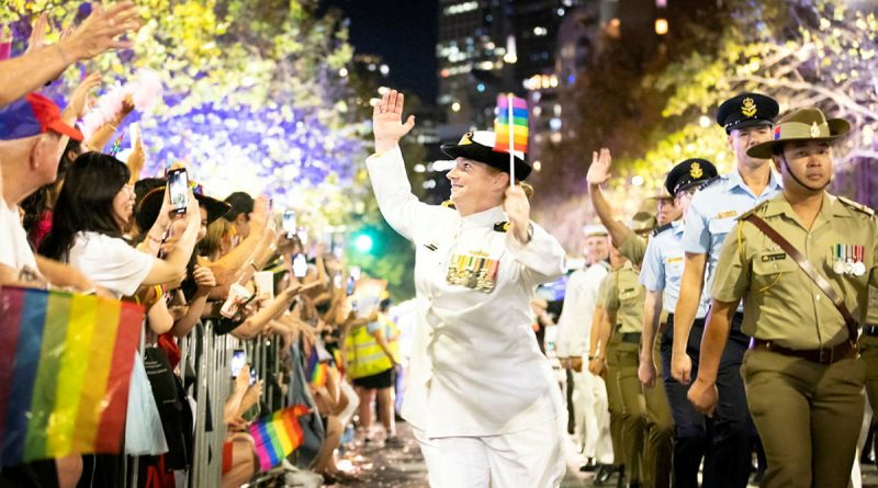Defence LGBTI Information Service President Lieutenant Rachel Cosgrove takes part in the 2023 Gay and Lesbian Mardi Gras Parade on Oxford Street, Sydney. Story and photo by Private Nicholas Marquis.