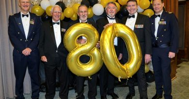 Past and present commanding officers 34 Squadron's 80th anniversary at Old Parliament House, Canberra. From left; Phillip Trigge, Jim Cole, Alistair Dally, Andy Griffiths, Noel Derwort and Wing Commander Wayne Baylis. Story by John Noble. Photo by Flight Sergeant Kev Berriman.