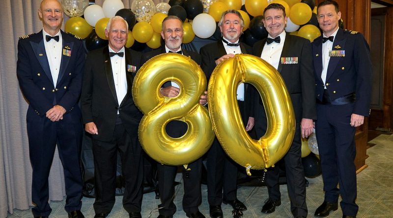 Past and present commanding officers 34 Squadron's 80th anniversary at Old Parliament House, Canberra. From left; Phillip Trigge, Jim Cole, Alistair Dally, Andy Griffiths, Noel Derwort and Wing Commander Wayne Baylis. Story by John Noble. Photo by Flight Sergeant Kev Berriman.