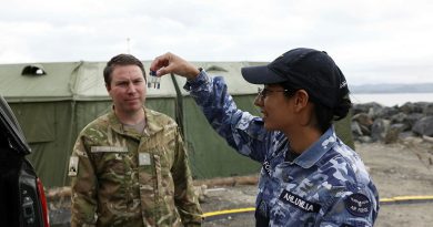 Australian and New Zealand environmental health team members, from left, Lieutenant Christopher Buerkeman, Flight Lieutenant Michael Hong and Flying Officer Kimi Ahluwalia assess potability of local drinking water. Story by Flight Lieutenant Vernon Pather. Photo by Leading Seaman Nadav Harel.