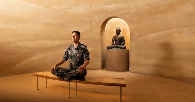 Chaplain Simon Edds meditates in the Spirit House at the Art Gallery of New South Wales in Sydney. Story and photo by Leading Seaman Daniel Goodman.