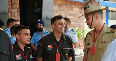 Indian Army officers Mrinal Kumar and Ankit Sharma meet Australian Army Captain Jason Greenwall at the General Rawat India-Australia Young Officer Exchange Program. Photos by Lieutenant Stephen Hunter.