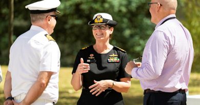 Incoming Head of Navy Engineering Rear Admiral Rachel Durbin speaks with colleagues at a transfer of authority ceremony at Campbell Park in Canberra. Story and photo by Petty Officer Jake Badior.