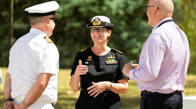Incoming Head of Navy Engineering Rear Admiral Rachel Durbin speaks with colleagues at a transfer of authority ceremony at Campbell Park in Canberra. Story and photo by Petty Officer Jake Badior.