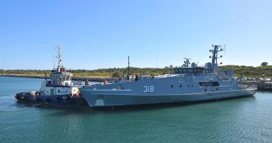 The fifth evolved Cape-class patrol boat, the future ADV Cape Woolamai, after being launched at Henderson, WA. Story by Phillip Morton. Photo Courtesy of Austal.